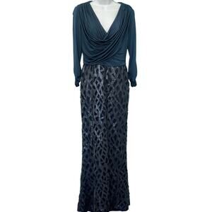 Tadashi Shoji Navy Blue Long Sleeve Sequin Evening Gown Maxi Dress Sz 4 NEW Tags
